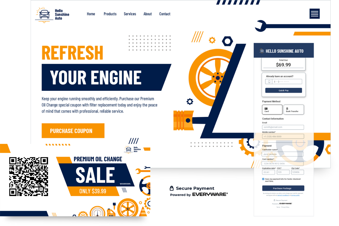 Automotive shop website showcasing Everyware hosted checkout page and banner ad with QR code, facilitating secure payments for maintenance, repairs, deposits, and service packages. Custom branded checkout forms enhance efficiency and customer satisfaction, with easy low-code embedding and comprehensive transaction tracking within the Everyware platform.