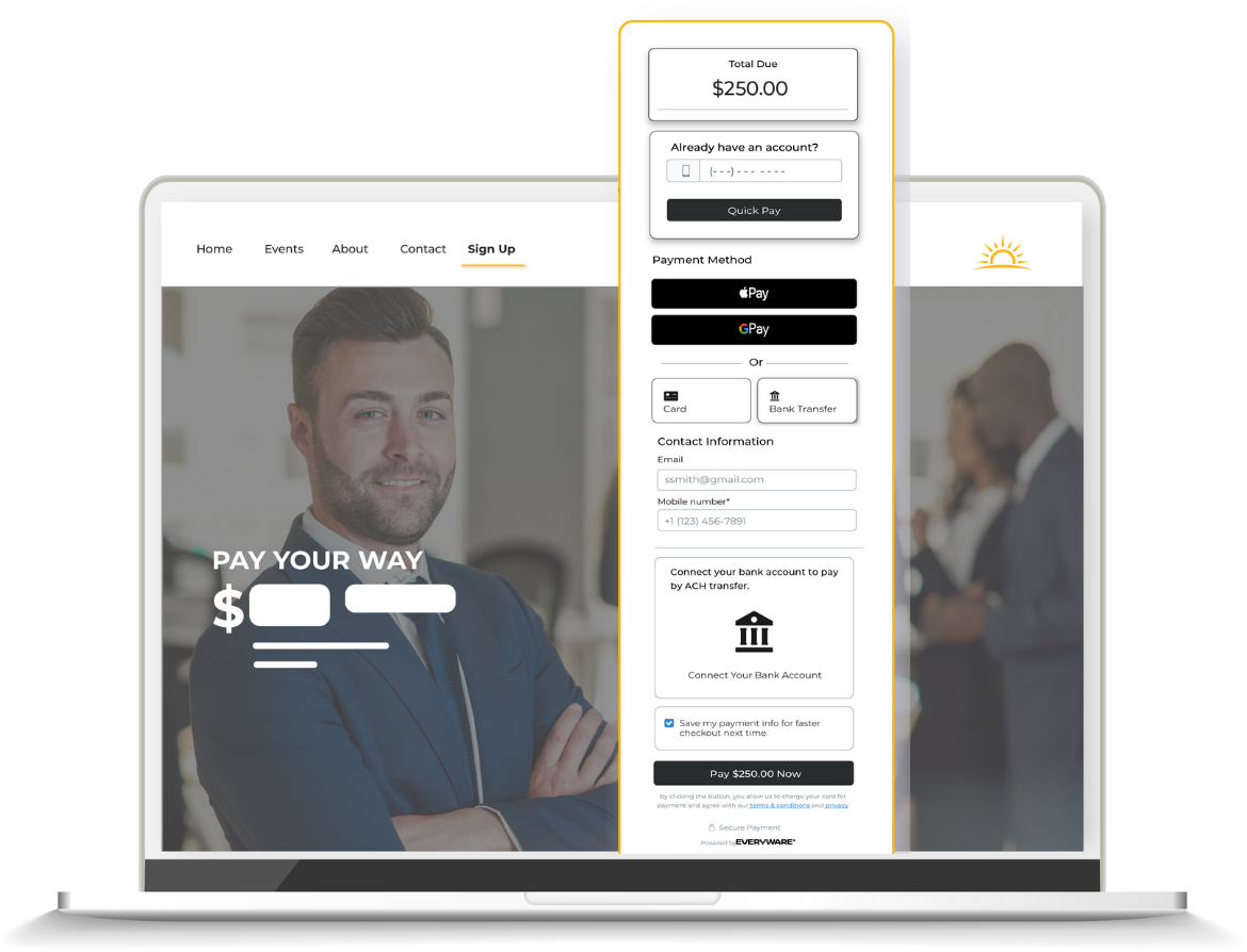Example of a PCI-secure Everyware hosted checkout embedded low-code web form on a Pay Your Way professional services website