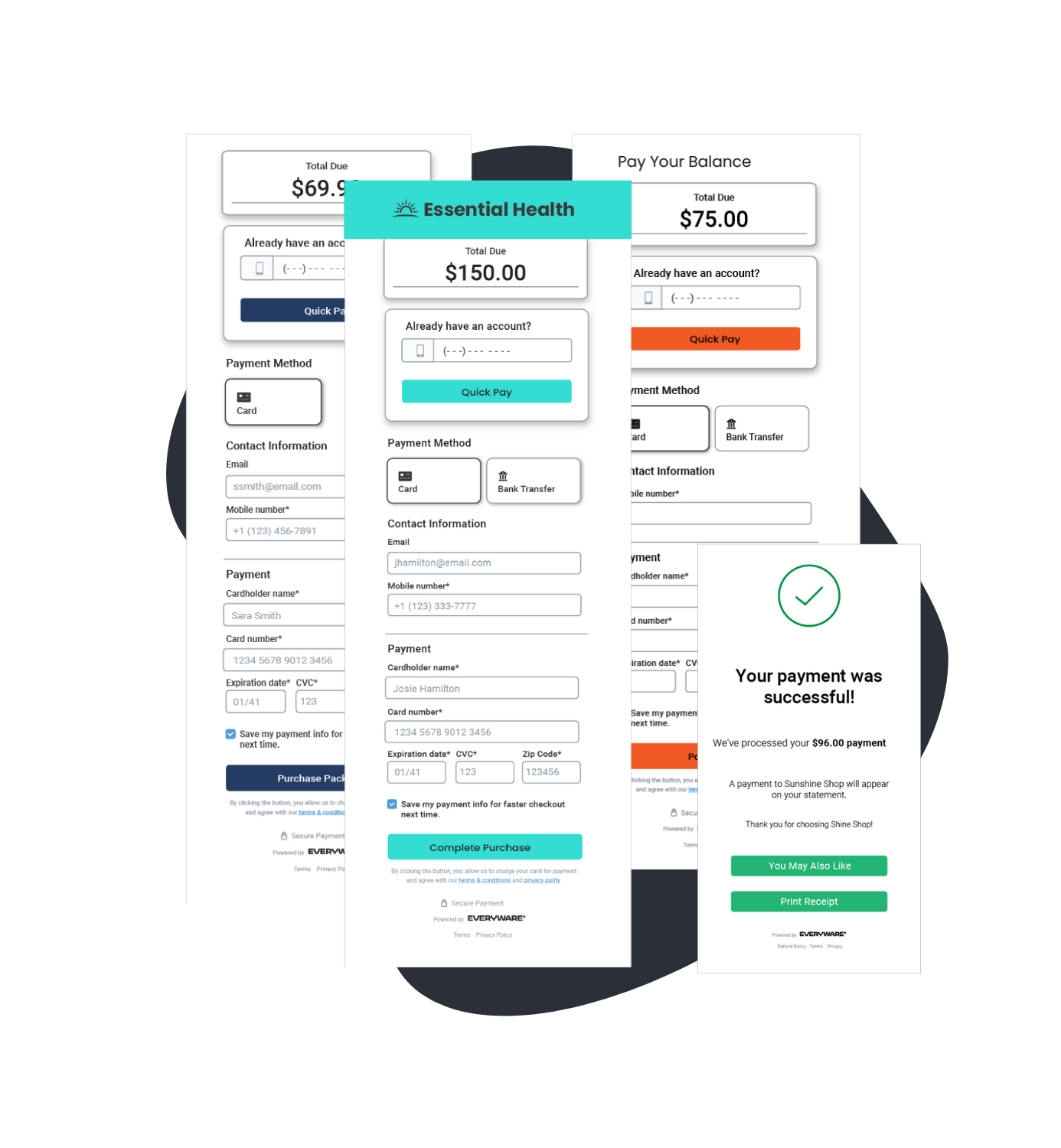 Series of uniquely branded hosted checkout pages showcasing configurable sections for colors, fonts, payment methods, and branding options in Everyware portal