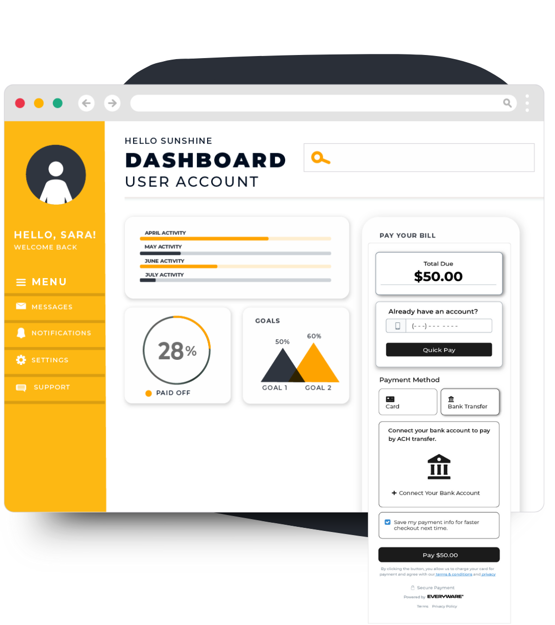 Website dashboard displaying an embedded Everyware Hosted Checkout form, allowing customers to view and pay their amount owed. Integrate secure, branded payment forms using HTML embed code and detailed guides from the Everyware Integration Hub.