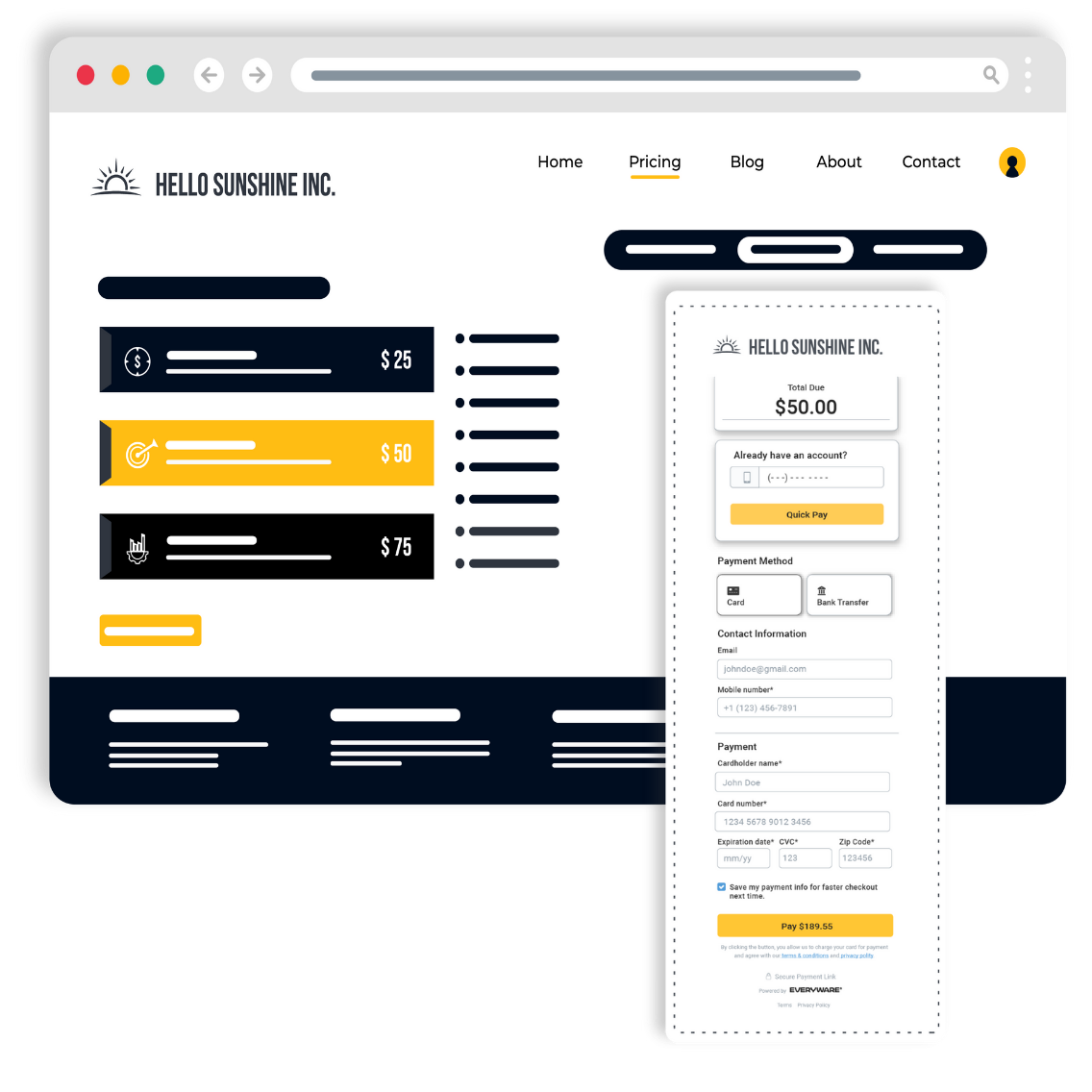 Abstract webpage displaying different pricing packages with an Everyware hosted checkout screen hovering, illustrating secure, customizable payment options for completing purchases.