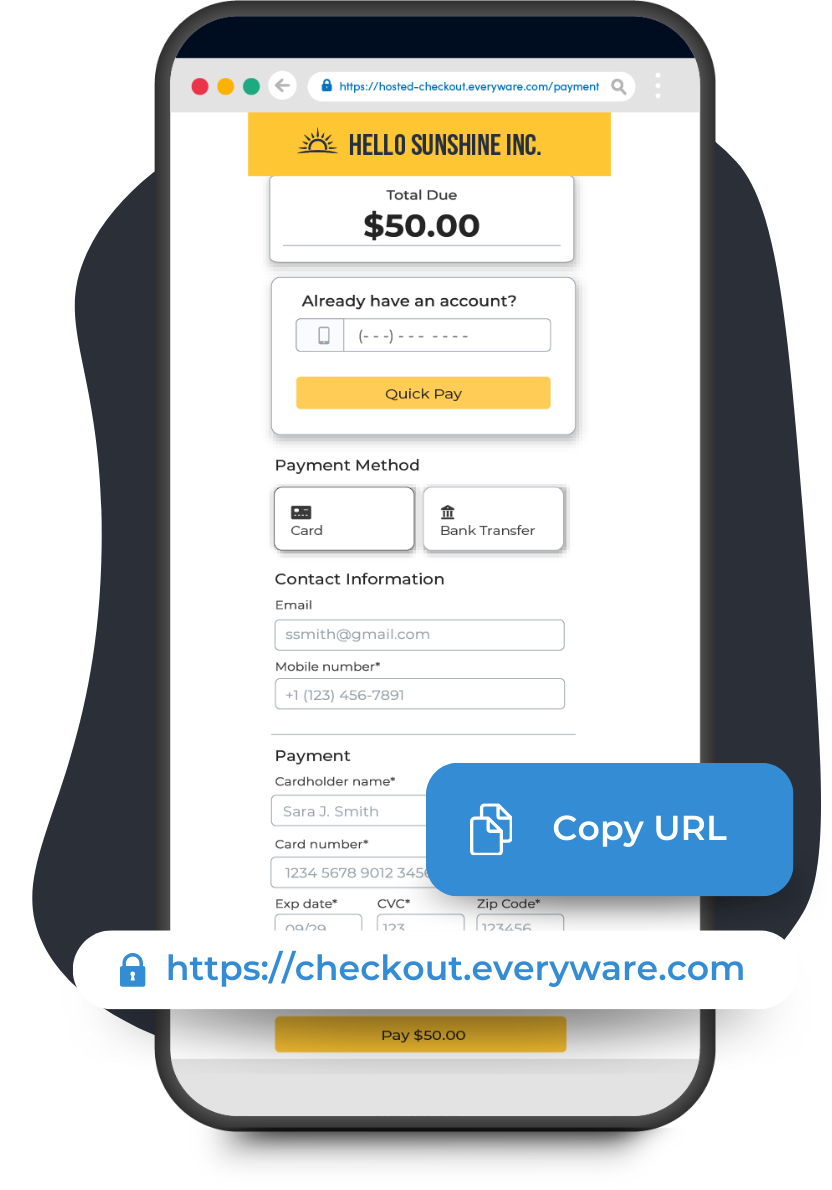 Hosted checkout page URL bar with 'copy URL' button and checkout page displayed on a mobile phone, illustrating secure, customizable online payment options