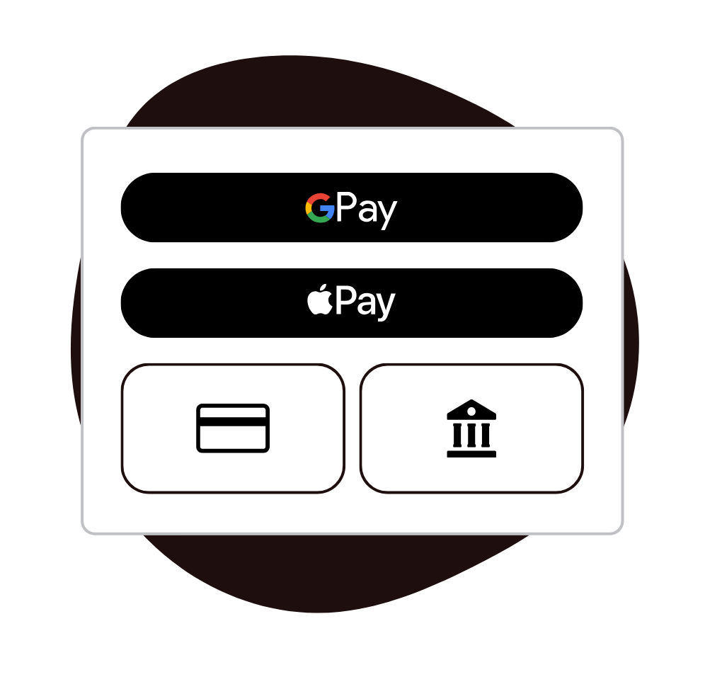  Payment method options with Everyware Checkout: GPay, Apple Pay, card payment, and bank account icons showcasing diverse customer payment preferences 