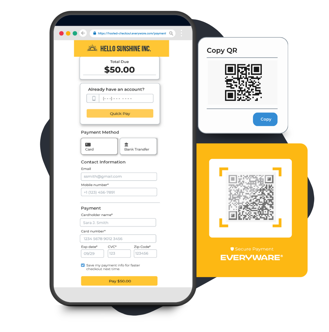  QR code generated by Everyware, copied and scanned on a phone, opening the sample 'Hello Sunshine' hosted checkout page for secure payments.