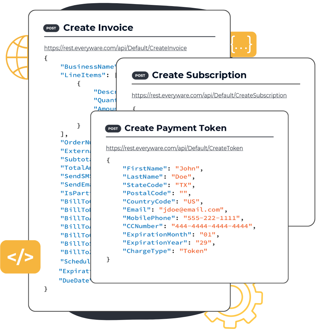 API code samples for creating subscription, token, and invoice with Everyware REST APIs