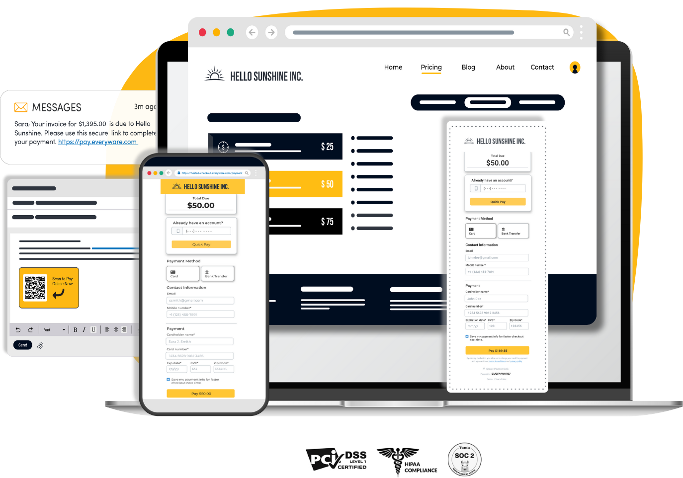 PCI, HIPAA, SOC 2 Certified Secure Online Payment Solutions by Everyware: QR Code, Text Link, Embedded Website Form, Mobile Payment Form