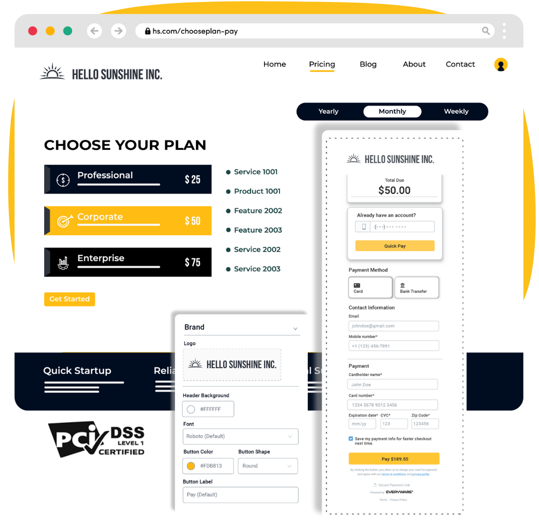 Customized embedded hosted checkout form with PCI security logo on Everyware webpage
