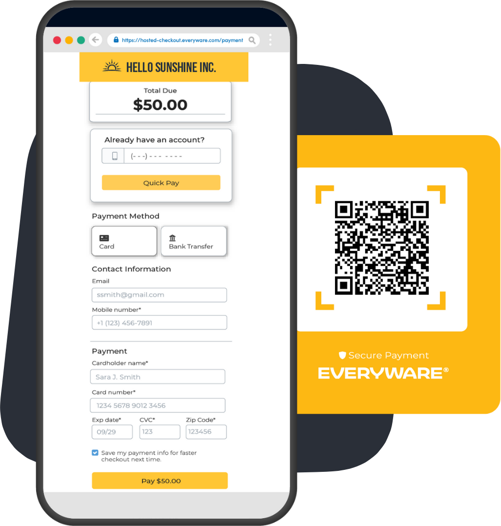 Phone with Branded Payment Page and QR Code with 'Secure Payment Powered by Everyware' Slogan Showing Payment Page Accessed via QR Code