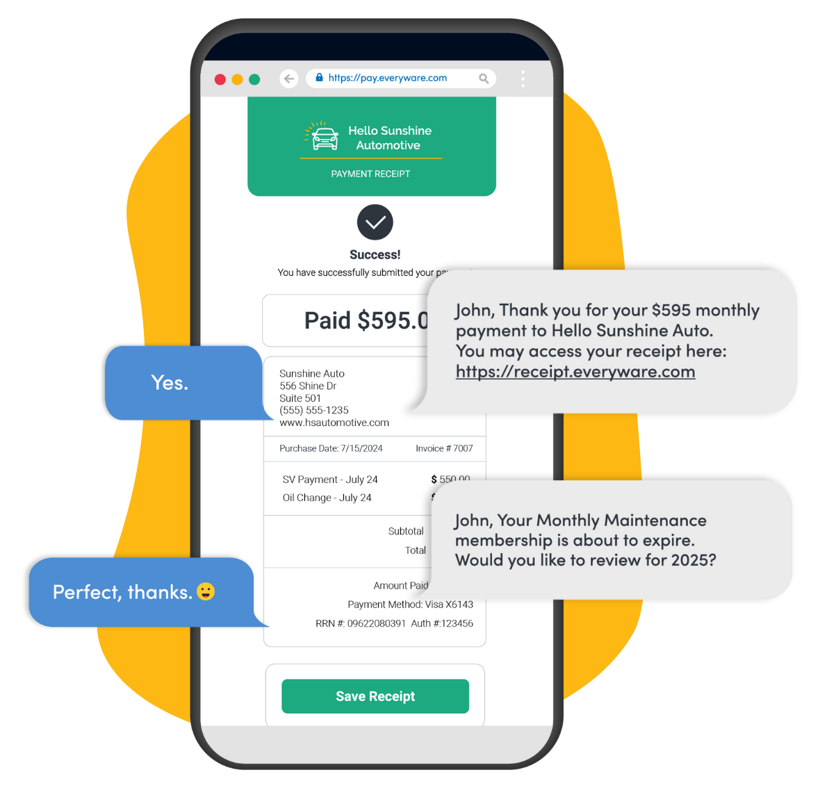 Phone Showing Paid Success Page with Subscription Plan Text Messages: Payment Confirmation, Receipt Link, and Re-enrollment Reminder